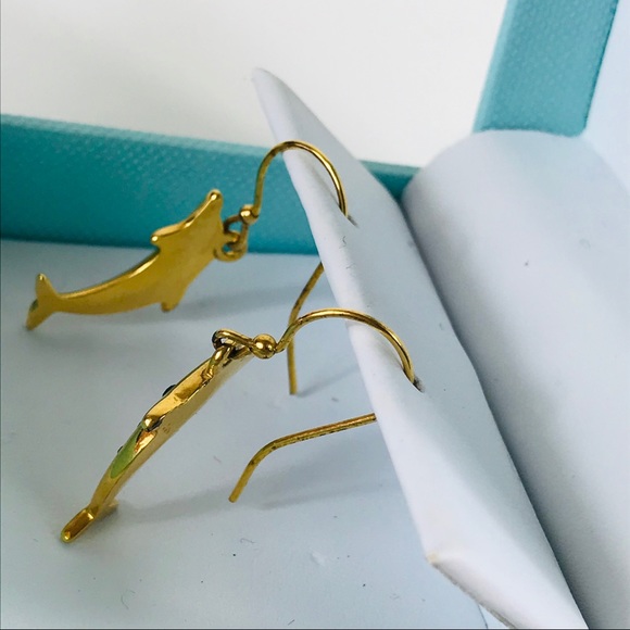 Gold Toned Dolphin Blue Stone Dangle Earrings - Picture 7 of 10